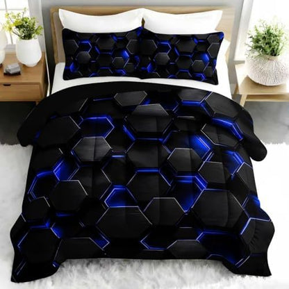 Black Blue Geometric Comforter Set Full Size with 2 Pillowcases.
