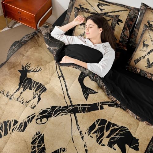 Erosebridal Hunting & Fishing Comforter Set Twin 7 Piece Tree Camo Bedding with Sheets for Kids & Adults Woodland Wildlife Bass Fish Duck Bear Deer Bed in A Bag Rustic Farmhouse Cabin Set