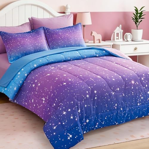 Dinjoy Girls Comforter Set 7 Pieces, Queen Size Colorful Ombre Rainbow Bedding Set, Bed in A Bag for Kid Teen Girls (1 Comforter, 1 Flat Sheet, 1 Fitted Sheet, 2 Pillow Shams, 2 Pillowcases)