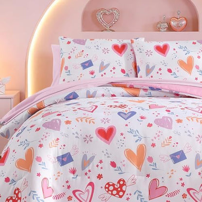 Girls Twin Bedding Set - 5 Pieces Heart Pattern Twin Comforter Set for Kids