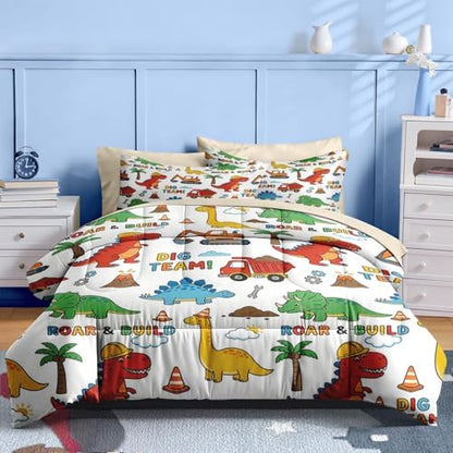 Nesker Queen Comforter Set for Boys, 7 Pieces Dinosaur Bedding for Kids