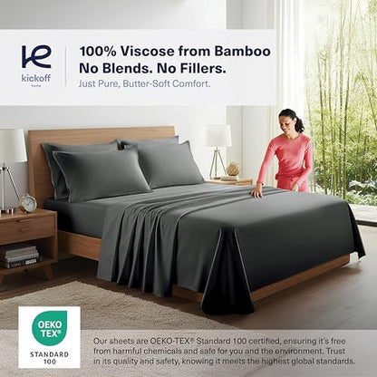 Kickoff Viscose Bamboo Sheets Split King Size 5-pc 100% Organic Bamboo Viscose Bed Cooling Sheets Split King Size Set Cool Bedding for hot Sleepers Sheet Set - Gift Ready Packaging (Pewter, SK)