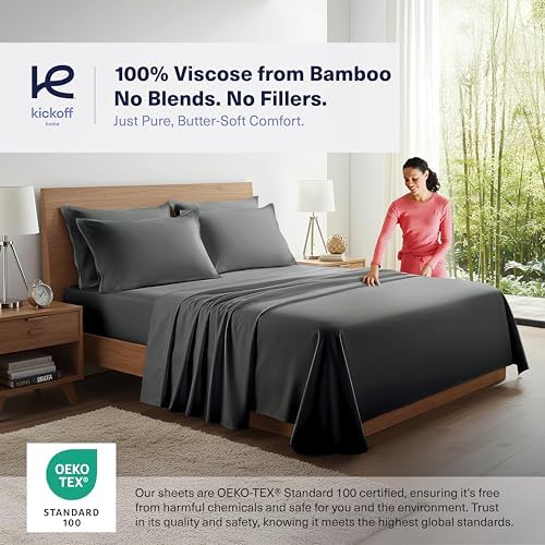 Kickoff Viscose Bamboo Sheets Full Size 4-pc 100% Organic Bamboo Viscose Bed Cooling Sheets Full Size Set Cool Bedding for hot Sleepers Sheet Set - Gift Ready Packaging (Pewter, F)