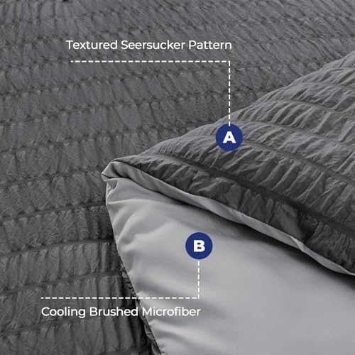 HYMOKEGE Dark Grey/Light Grey California King Comforter Set Seersucker 7 Pieces, All Season Luxury Bed in a Bag for Bedroom, Bedding Set with Comforter, Sheets, Pillowcases & Shams