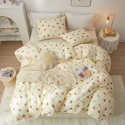 VM VOUGEMARKET Kawaii Kids Bedding Set Twin Strawberry Duvet Cover Set Cotton Fruit Comforter Cover with Zipper for Teen Girls Room Decor-Cream White