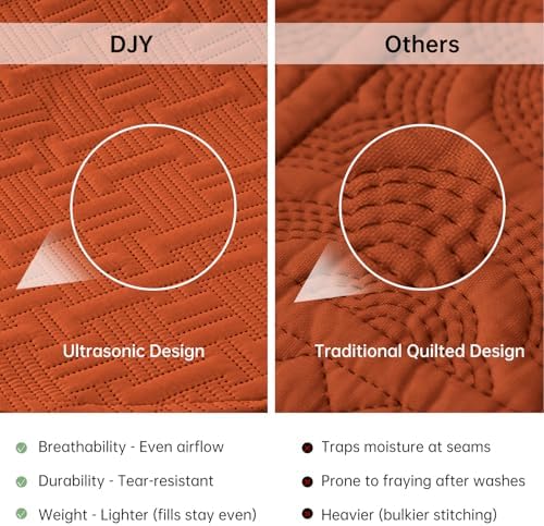 DJY King Quilt Set 3 Pieces, Lightweight Ruffled Bedspread, Orange
