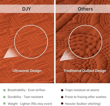 DJY King Quilt Set 3 Pieces, Lightweight Ruffled Bedspread, Orange