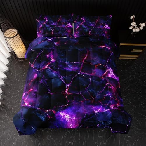 Nttopship Purple Comforter Set King Size，Purple Marble Bedding Set 3 Pcs Bedding for Adults,Violet Marble Room Decor with Soft and Lightweight Comforter and 2 Pillowcases