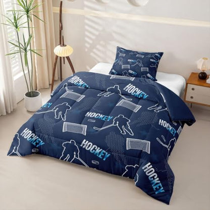 Ice Hockey Player Bedding Sets Toddler Size,Modern Minimalist Trendy Sport Comforter Set 2Pcs for Kids Girls Boys Room Decor,Navy Blue Quilted Duvet Athlete Silhouette Down Comforter,1 Pillowcase