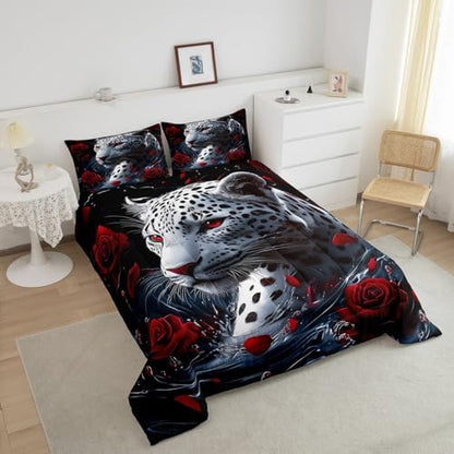 jejeloiu Leopard Comforter Set Toddler Size Kids Cheetah Print Rose Bedding Set for Boys Girls Teens Wild Animal Duvet Breathable Safari Quilt Bedroom Decor,1 Comforter with 1 Pillowcase