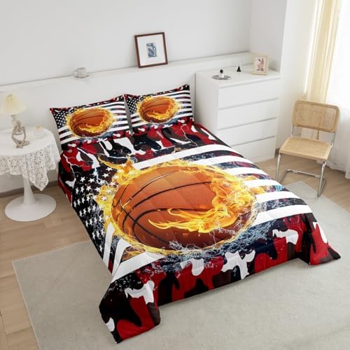 Erosebridal Basketball Comforter Set for Boys, American Flag Bedding Set Red Black Camouflage Duvet Sets Twin Size for Kids Teens Adult, Sports Games Gold Fire Down Comforter with 1 Pillow Case