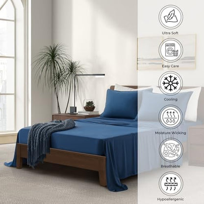 |Twin XL Size Sheet Set | Organically Grown | Ultra Soft & Cooling |100% Viscose | 17" Deep Pocket [Midnight Blue]