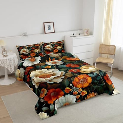 jejeloiu Boho Floral Comforter Set Queen Size Kids Bohemian Flower Bedding Set for Boys Girls Teens Botanical Duvet Breathable Blossom Plant Aesthetic Quilt Bedroom Decor,1 Comforter with 2 Pillowcase