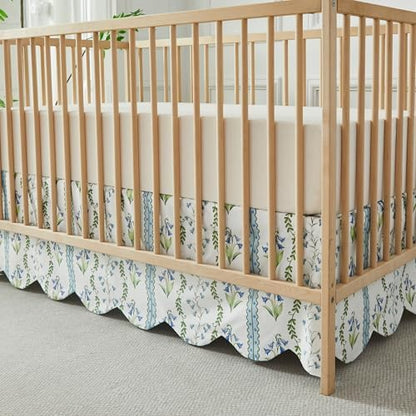 Brandream Scallop Edge Organic Crib Skirt Cotton Toddler Bedskirt Floral Stripes and Vines Baby Nursery Crib Bed Skirt Neutral Vintage Blue Floral Bouquet Farmhouse Chic Boho Bohemian Skirt