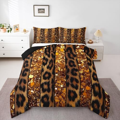jejeloiu Leopard Kids Comforter Set Full Size Glitter Pattern Bedding Set Animal Skin Duvet Quilt for Kids Boys Girls Bedroom Decor Microfiber Ultra Soft Breathable
