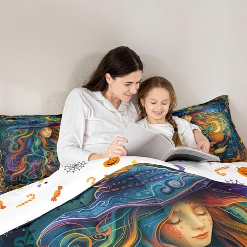 Magical Witch Kids Comforter Set King Size,Star Moon Starry Sky Galaxy Trippy Bedding Set,Girls Boys Room Decor,Happy Halloween Gothic Western Quilt Comforter,Colorful Duvet Insert,2 Pillowcases