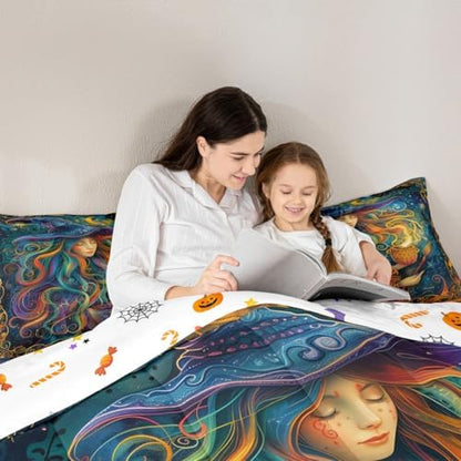 Magical Witch Kids Comforter Set King Size,Star Moon Starry Sky Galaxy Trippy Bedding Set,Girls Boys Room Decor,Happy Halloween Gothic Western Quilt Comforter,Colorful Duvet Insert,2 Pillowcases