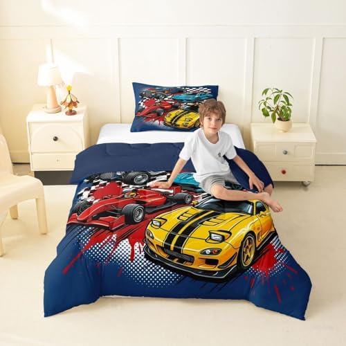 Feelyou Boys Race Car Bedding Set Soft for Boys Girls, Speed Sports Car Comforter Set Toddler Size Extreme Sports Duvet Quilt Microfiber Automobile Bedroom Decor 2 Pcs with 1 Pillow Cases