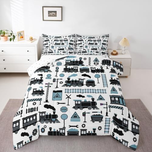 Feelyou Train Comforter Set Full Size Cartoon Car Bedding Set for Kids Boys Girls Cute Vehicle Duvet Quilt Bedroom Decor Microfiber 3 Pcs with 2 Pillow Cases