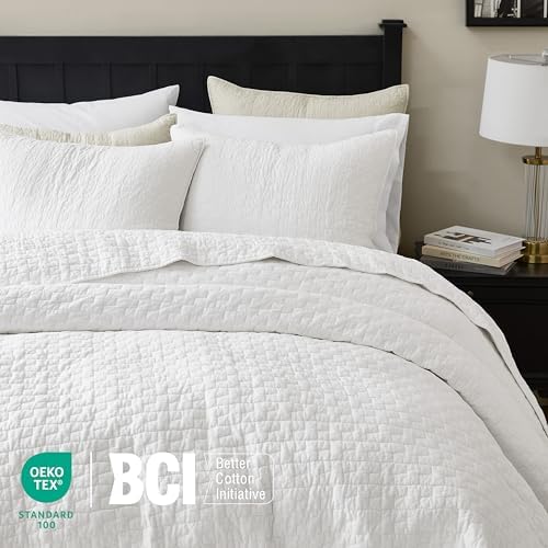 palassio White 100% Cotton Quilt Twin Size Bedding Sets with 1 Pillow Sham, Textured Lightweight Soft Bedspread Shabby Chic Coverlet, Quilted Thin Comforter Bed Cover for All Season, 2 Pieces