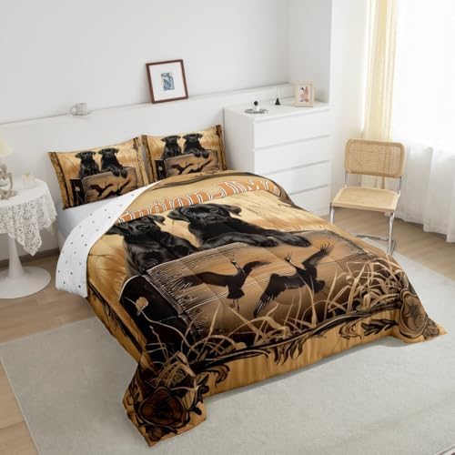 Feelyou Duck Hunting Bedding Black Dog Hunter Comforter Set Toddler Size for Kids Boys Girls Wild Animal Mallard Duck Print Duvet Set Hunting Farmhouse Theme Quilts Wildlife Flying Duck Bedding 2 Pcs