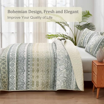 WONGS BEDDING Boho Quilt Queen Size,3 Pcs Beige Bedspread Bedding Set
