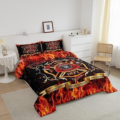 Castle Fairy Teens Firefighter Theme Comforter Set Full Size,Red Flame Bedding Set for Kids Boys Adult Bedroom Decoration,Fireman Sign Bed Duvet Insert,Red Fire Engine Comforter with 2 Pillowcase