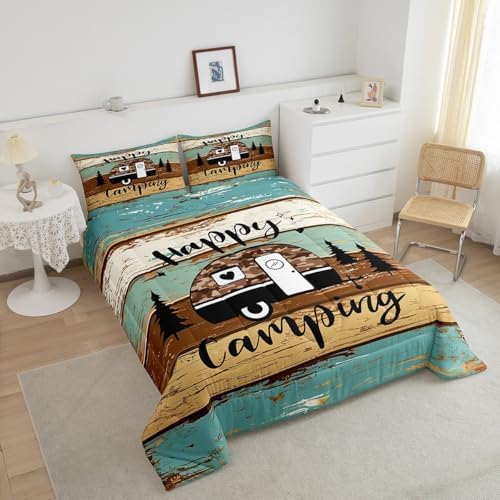Manfei Rustic Adventure Camper Kids Comforter Set Queen Size,Happy Camping Farmhouse Cabin Lake House Bedding Set,Wooden Plank Pine Nature Quilt Comforter,Brown Retro Duvet Insert,2 Pillowcases