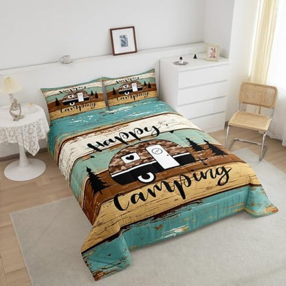 Manfei Rustic Adventure Camper Kids Comforter Set Queen Size,Happy Camping Farmhouse Cabin Lake House Bedding Set,Wooden Plank Pine Nature Quilt Comforter,Brown Retro Duvet Insert,2 Pillowcases
