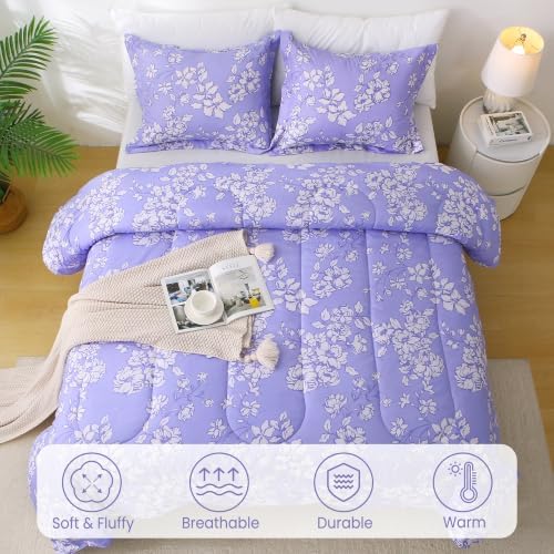 Mooreeke King Size Comforter Sets, Lavender Quilt with White Flower Patterned Bedding for All Seasons, 3-Piece Vintage Bed in a Bag with Fluffy Quilted Reversible Comforter & 2 Pillow Shams