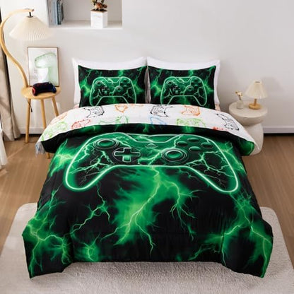 Meeting Story Queen Size Bedding Set, Gaming Bedding Set for Boys, 5 Pieces 3D Game Controller Design Gamer Comforter, Cool Lightning Theme Boys Queen Size Comforter Set(Green)