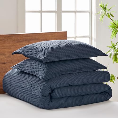 Levtex Home Cloud Waffle Full/Queen Comforter Set (90x94in) with 2 Pillow Shams (26x20in) - Solid Waffle Cotton Texture - Navy - 100% Cotton Full/Queen Size Comforter Set - Soft, Pre-Washed
