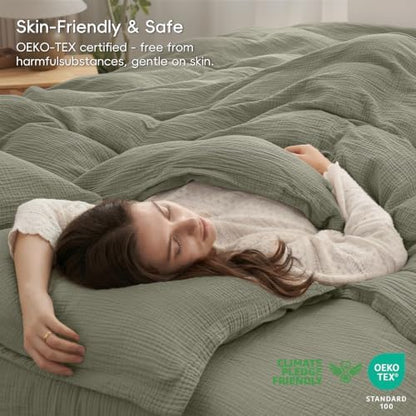 PHF 100% Cotton Muslin Duvet Cover King Size 3-Layer, 104"x90", Dusty Sage