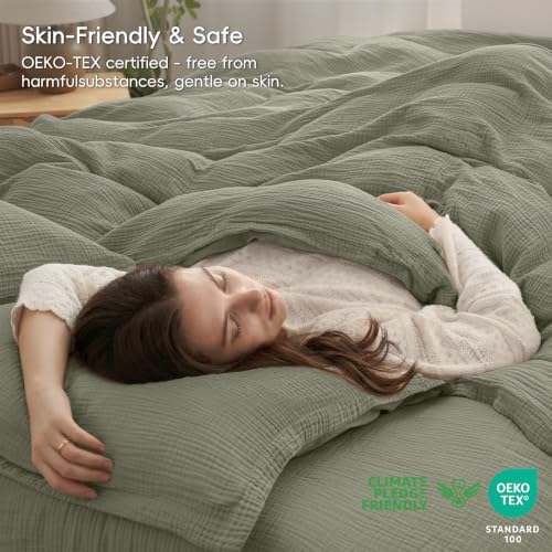 PHF 100% Cotton Muslin Duvet Cover Queen Size 3-Layer, 90"x90", Dusty Sage