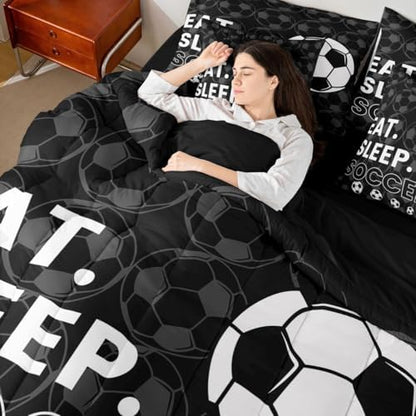 Erosebridal Black Football Games Boys 7 Piece Bedding Set Twin | Soccer Gaming Theme Comforter Set with Sheets Sports Pattern Bed in A Bag Kids Teens Bed Sets