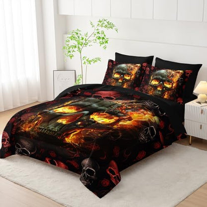 AILONEN 7-Piece Fire Skull Comforter Sets Queen Size,3D Skeleton Bedding Set for Kids Boys Teens,Fiery Style Black Tint Comforter & Fitted Sheet with Flat Sheet & 2 Pillowcases,2 Pillow Shams