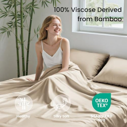 Love's cabin 4 Piece California King Size Sheet Set, 100% Rayon Derived from Bamboo, Cooling & Breathable, Soft Silky Deep Pocket up to 16", Hotel Luxury Bedding for Hot Sleepers, Dark Beige