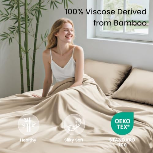 Love's cabin 4 Piece King Size Sheet Set, 100% Rayon Derived from Bamboo, Cooling & Breathable, Soft Silky Deep Pocket up to 16", Hotel Luxury Bedding for Hot Sleepers, Dark Beige