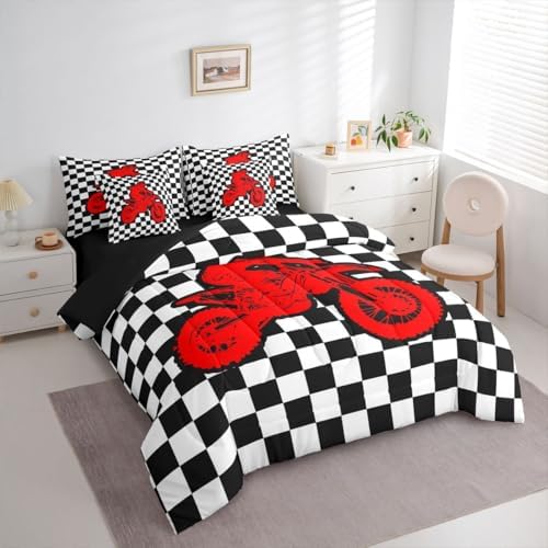 Feelyou Red Motocross Rider Comforter Set with Sheets 7 Piece Queen Size Checkered Flag Bedding Set for Kids Boys Girls Sporty Rider Bed in a Bag Off-Road Racing Room Decor Dirt Bike Soft Lightweight
