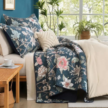 Litanika Floral Teal Quilt California King - 3Pcs Botanical Birds Bed Set
