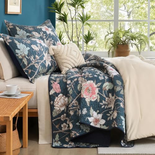 Litanika Floral Teal Quilt Oversized King - 3Pcs Botanical Birds Bedding