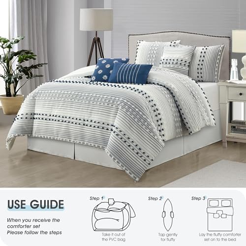 LANCO MODERN LIFESTYLE King Comforter Set, Blue, Jaquard Clip Striped Design, Elegant Soft 7 Pieces Bedding Set for All Seasons, Matching Bedskirt, Pillow Shams and Decor Pillows