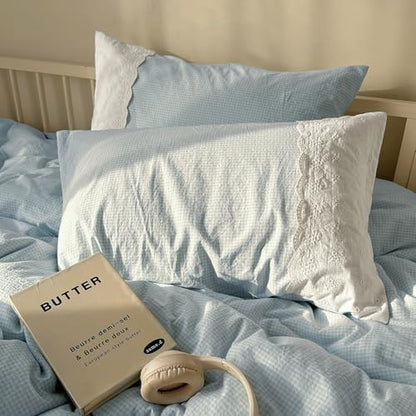 mixinni Blue Gingham Duvet Cover Queen Size - 3 Piece Cottagecore Plaid Bedding Set with Lace Trim, Soft Washed Microfiber Vintage Aesthetic Grid Comforter Cover & Pillow Shams, (Blue White Gingham)