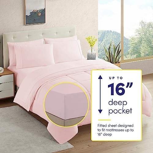 Sweet Home Collection 7 Piece Comforter Set Bag Solid Color All Season Soft Down Alternative Blanket & Luxurious Microfiber Bed Sheets, Pale Pink, Twin XL