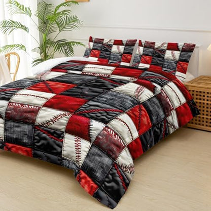 Red and Black Plaid Comforter Set Queen，Baseball Bedding Set Queen Red and Black，Sport Quilt for Boys，with 1 Comforter with 2 Pillow Case