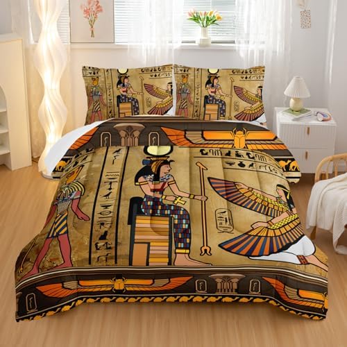 Nttopship Ancient Egypt Comforter Bedding Set with 2 Pillowcase King Size Pharaoh Pyramid Comforter Set for Kids Boys Girls Bedroom Decor