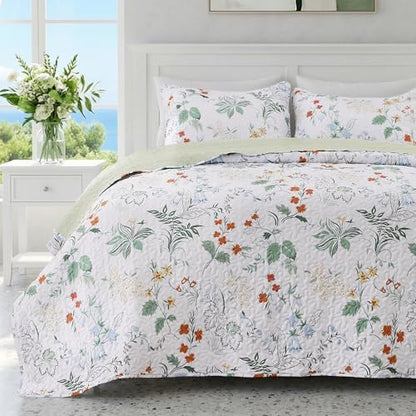 EXQ Home Printed Quilt Set Full Queen Size Green Leaves Bedspread Set