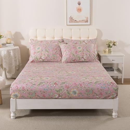 FADFAY Queen Sheet Set 4Pcs 100% Egyptian Cotton Sheets Deep Pocket Soft Breathable Vintage Misty Pink French Country Bedding Shabby Cottagecore Floral Bedding Luxury Hotel Quality for All Seasons