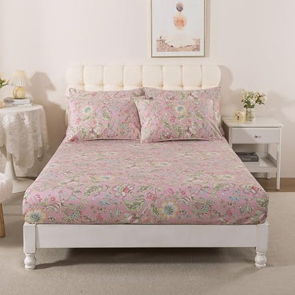 FADFAY Queen Sheet Set 4Pcs 100% Egyptian Cotton Sheets Deep Pocket Soft Breathable Vintage Misty Pink French Country Bedding Shabby Cottagecore Floral Bedding Luxury Hotel Quality for All Seasons