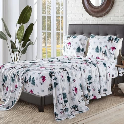 Elegant Comfort Luxuriously Soft 4-Piece Holiday Velvet Plush Flannel Sheet Set - Premium Quality - Cozy Warm, Christmas Fuzzy Velvet Flannel Fleece Deep Pocket Sheet Set - Cal King, Christmas Wreath